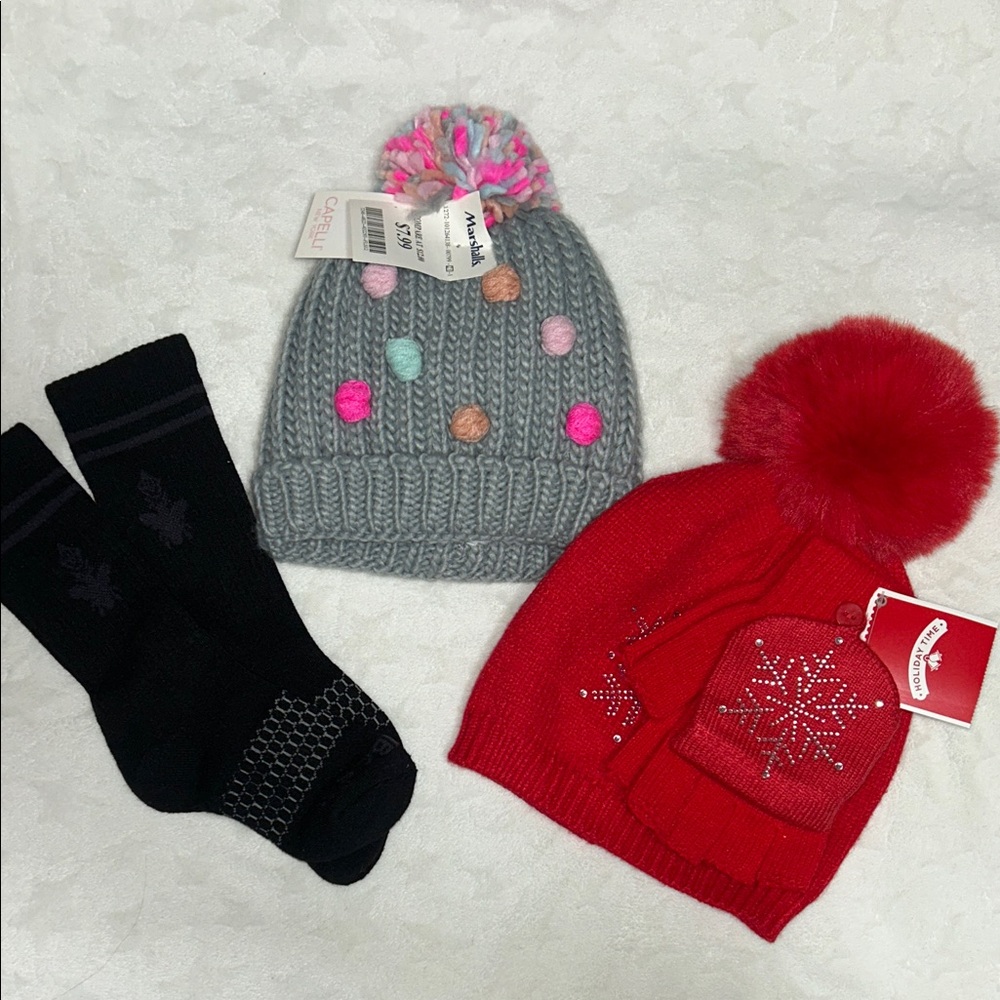 Marika Gray and Red Pom-Pom Beanie Set with Black Socks